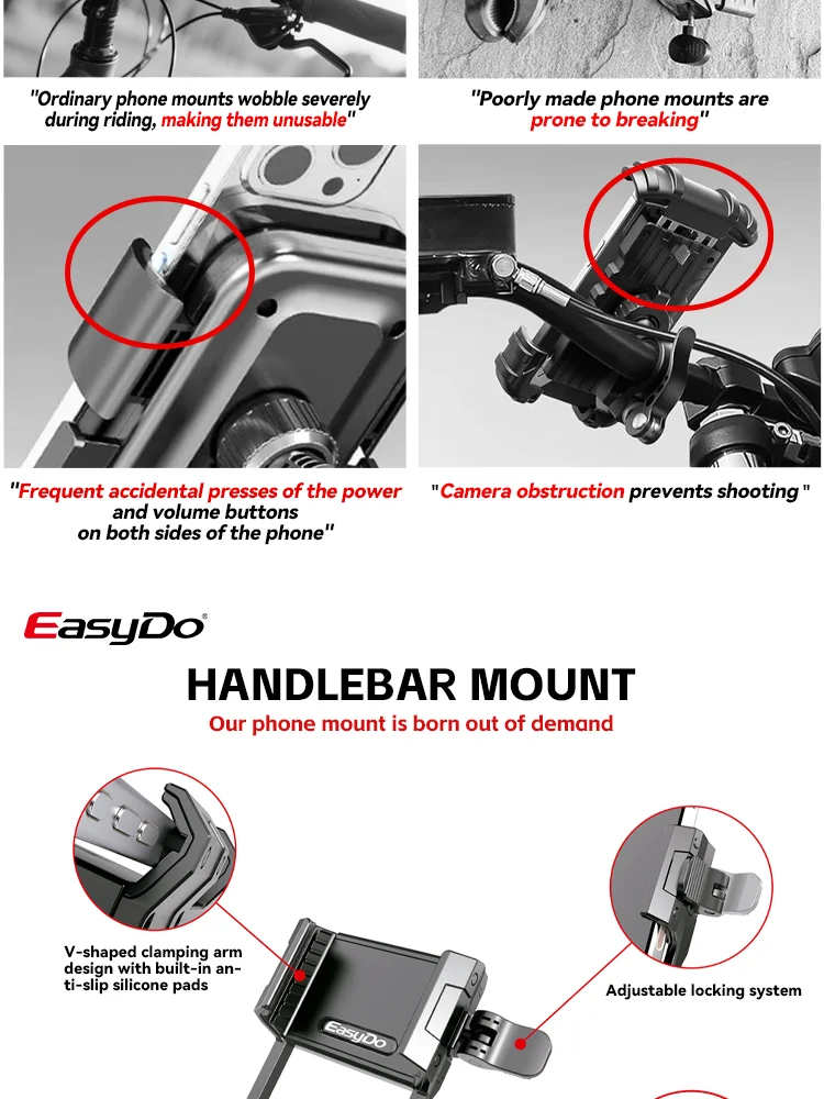 Easydo Fahrrad-Handyhalterung E-Scooter Fahrradlenker-Handyhalterung Aluminium Stoßfeste Rennrad-Vorbau-Handyhalterung für 4,7-7,2" – Detail 4