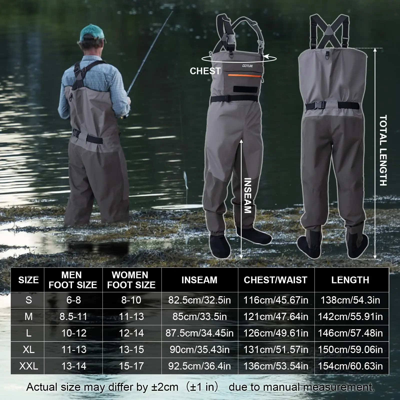 Goture 5-Layer Breathable Wader, Lightweight Fishing Hunting Waders with High-seal Waterproof Chest Seam Zipper, Handwarmer