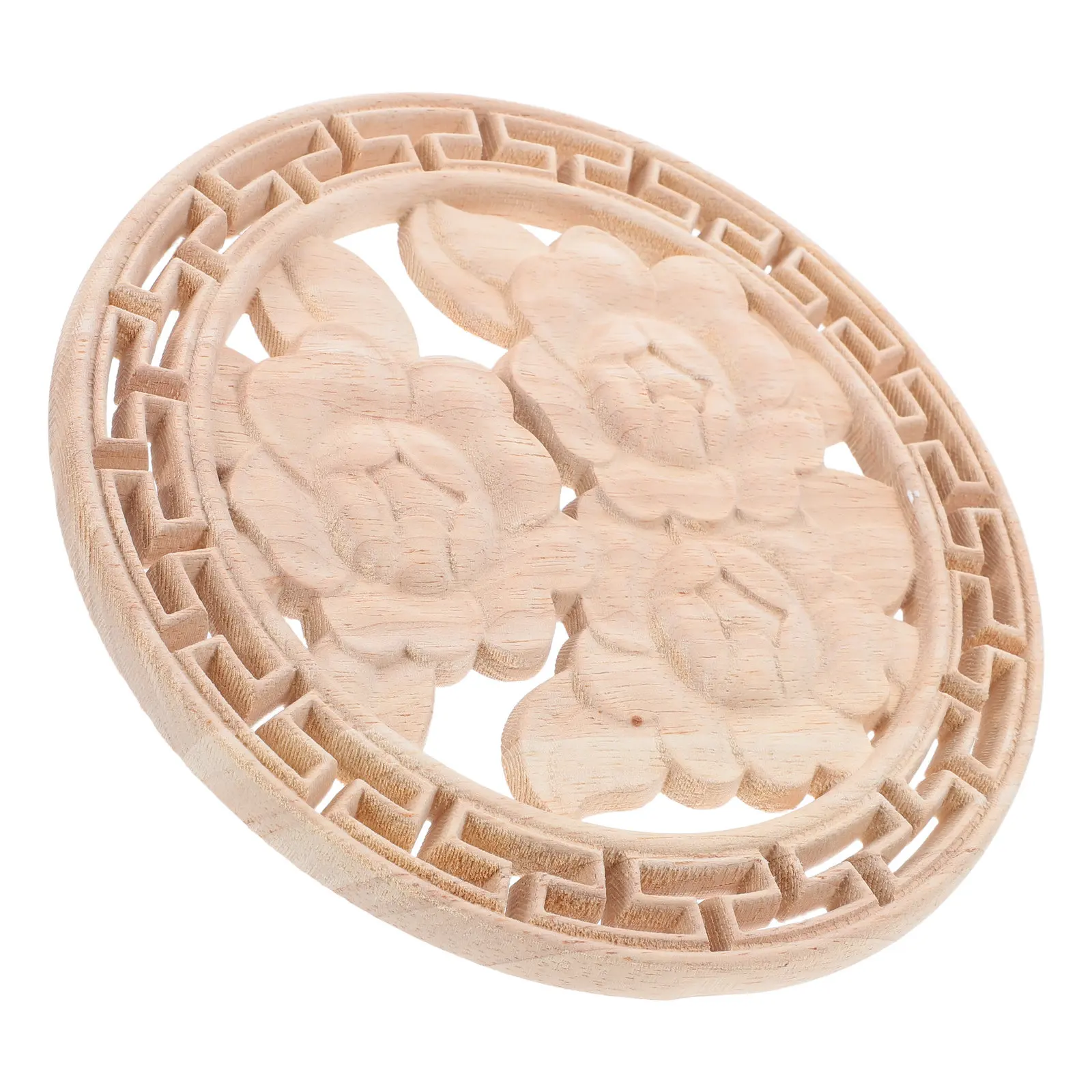 Hollow Out Intricate Rose Floral Wood Applique Onlay Vintage European Style Decorative Round Carved Wooden Furniture Decoration