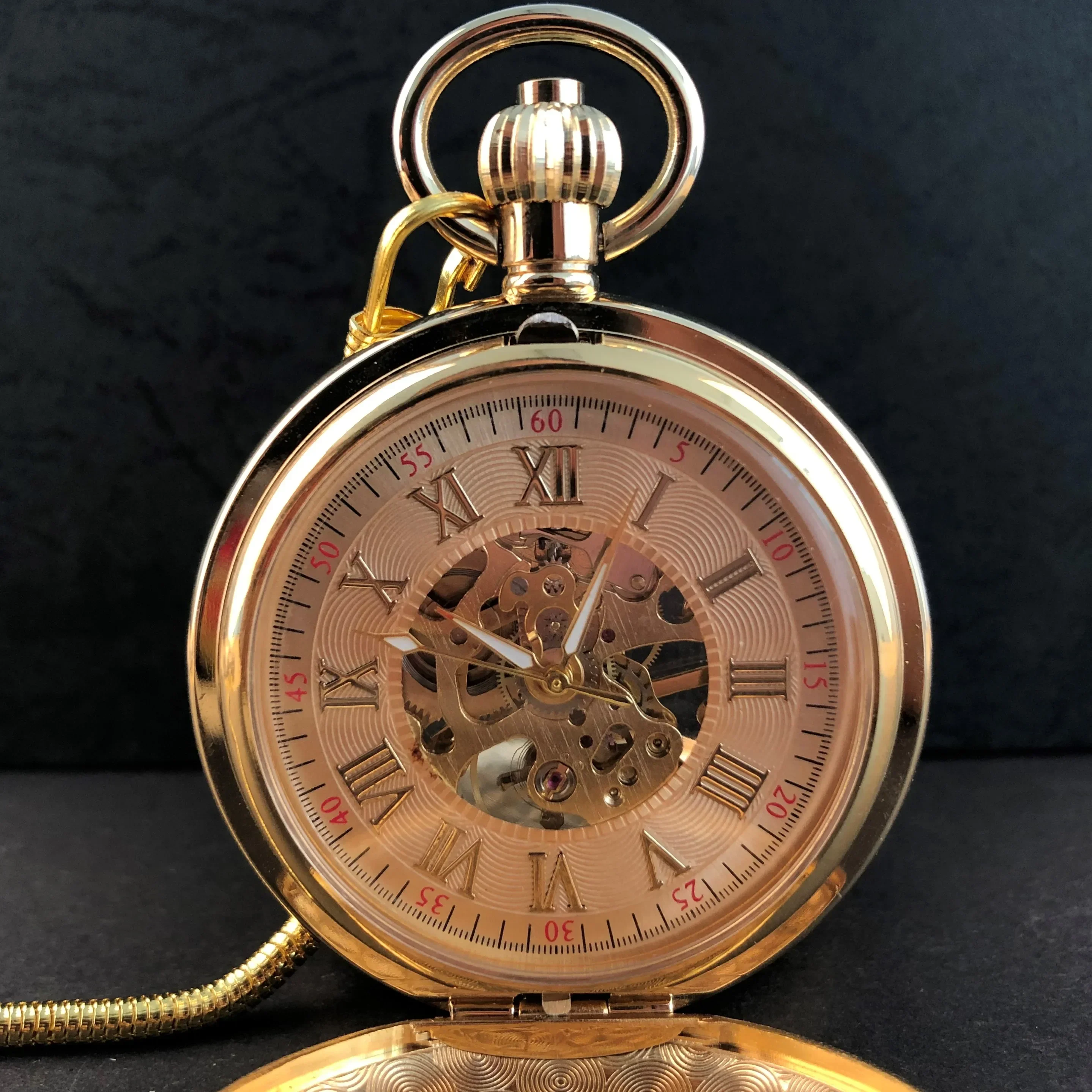 

Vintage Gold Double Sides Open Case Pocket Watch Mechanical Hand-winding Mens Women Pocket Watches Pendant with Chain Clock