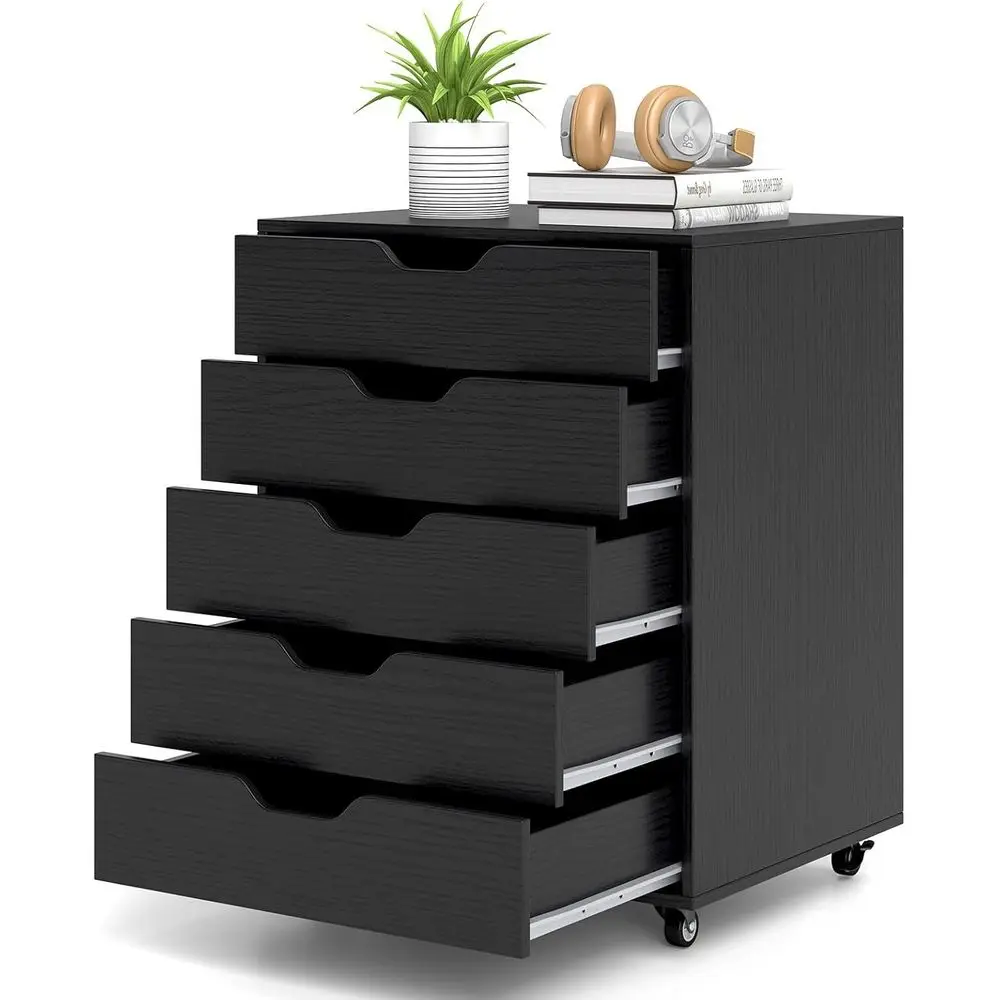 

5-Drawer Wooden Storage Cabinet with Wheels, Mobile Chest Organizer for Home Office and Living Room (Black)