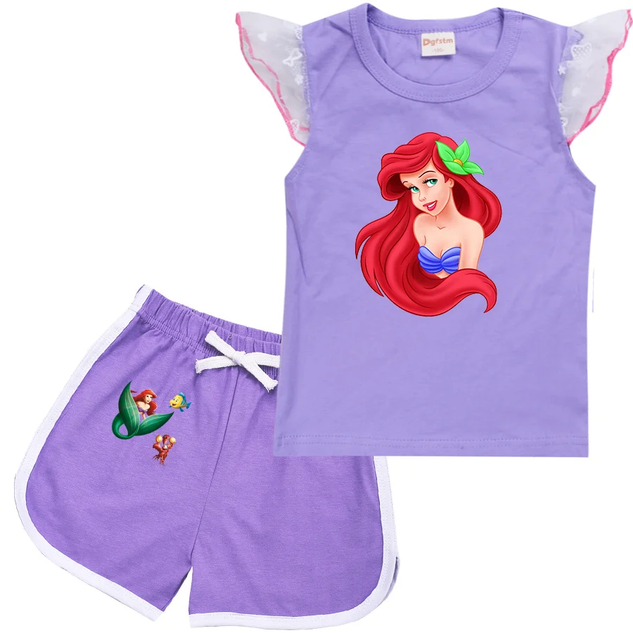 Disney The Little Mermaid Cartoon Clothing Baby Boys Summer Clothes T-shirt+shorts Baby Girls Casual Clothing Sets