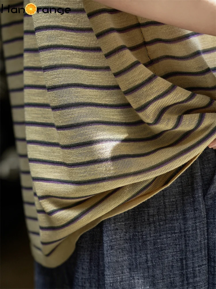 HanOrange 2025 Camiseta de punto a rayas con contraste de dopamina de verano para mujer, camisetas ligeras y transpirables, amarillo/rosa