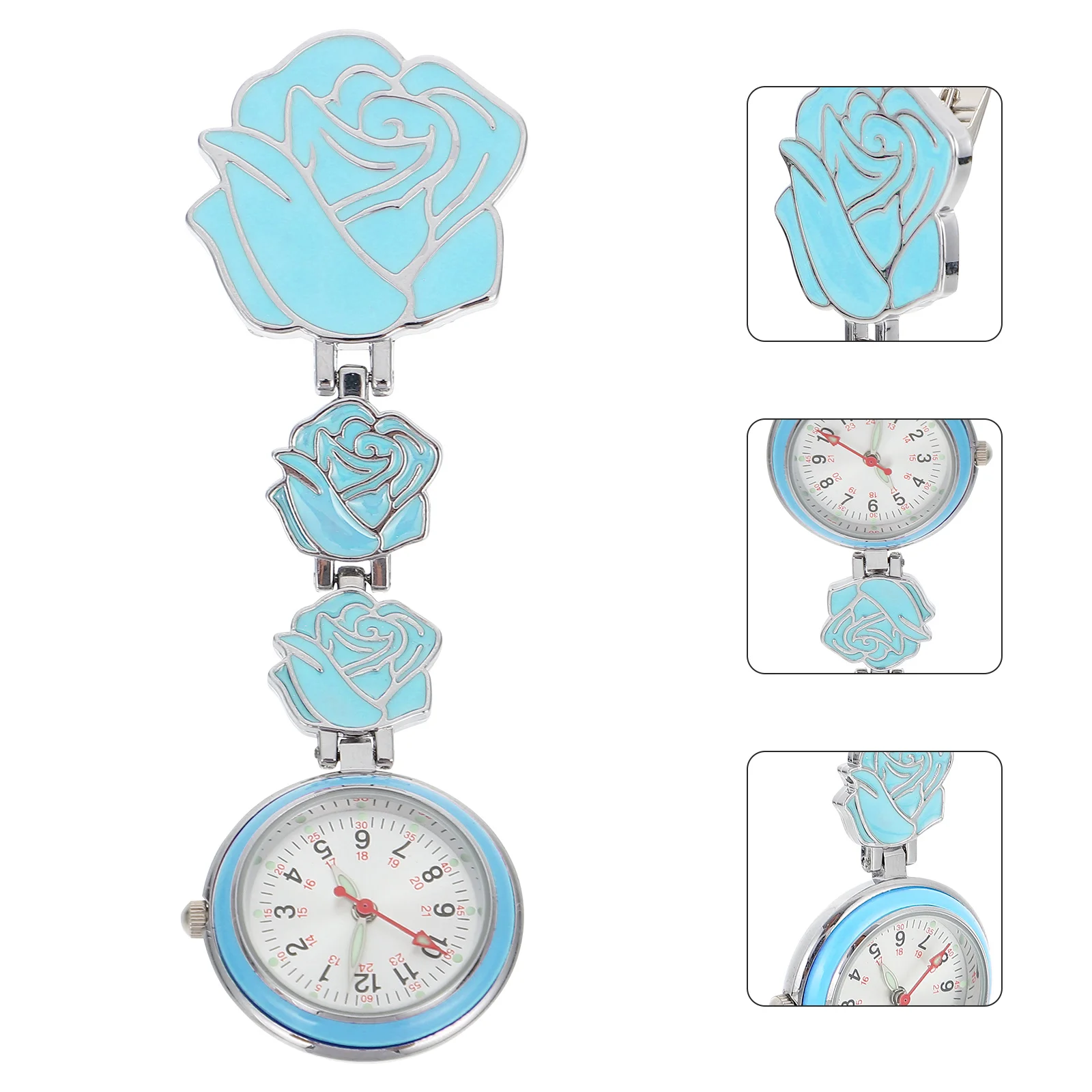 Nurse Luminous Watch Clip on Hanging Fob Rose Pattern Pocket Watch Appearance for Exam Use Flower Nurse Watches
