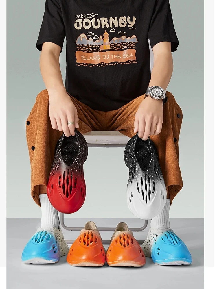 Gradient Splash Ink Hollow Out Men Clogs, Breathable  EVA Non-slip Thick Sole Beach Water Shoes Summer Outdoor Slip On Sandals
