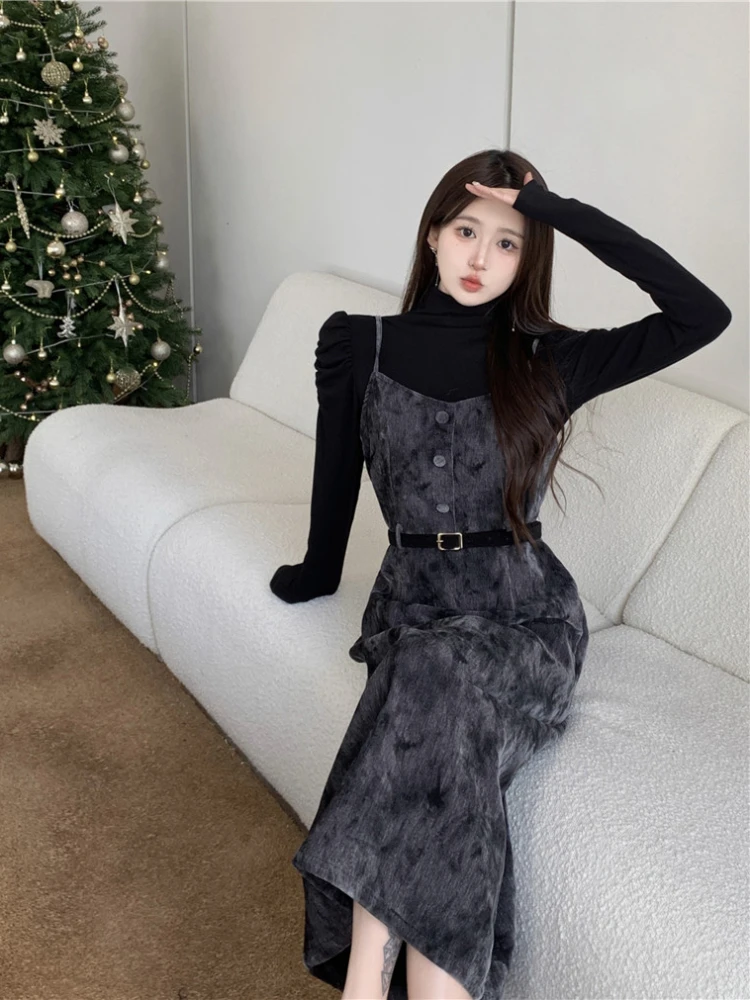 Retro Dresses Sets Women Maillard Temperament Puff Sleeve Spring Autumn Tops Straight Vent Suspender French Style Advanced Ins