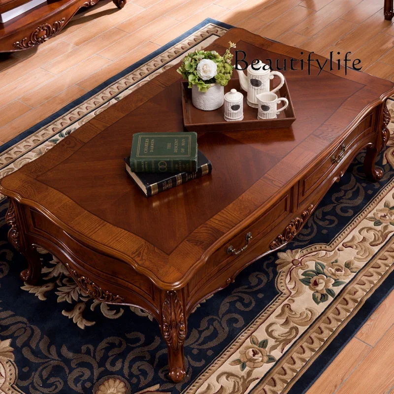 American-Style Solid Wood Coffee Table TV Cabinet Combination Rectangular Tea Table Tea Table with Drawer Storage