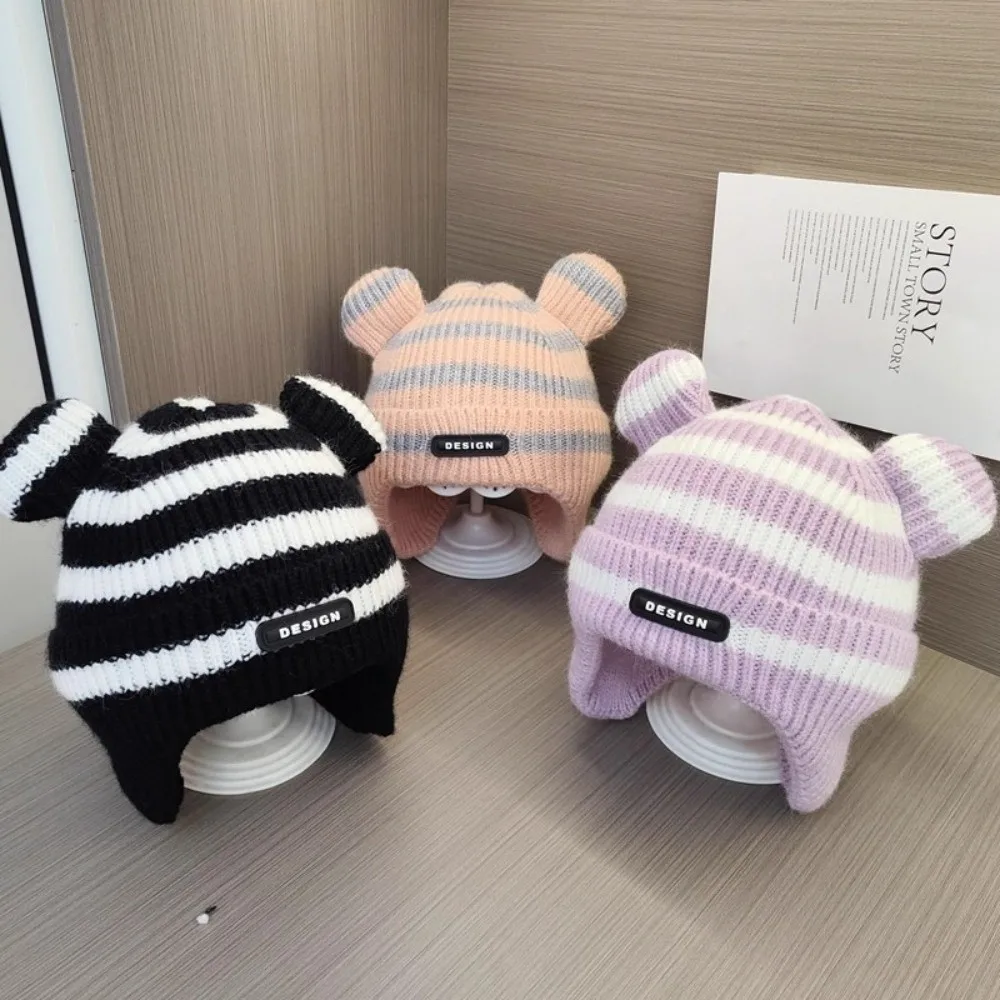 

New Stripe Pullover Cap Warm Knitted Ear Protection Hat Windproof Coldproof Beanie Hat Outdoor Sports