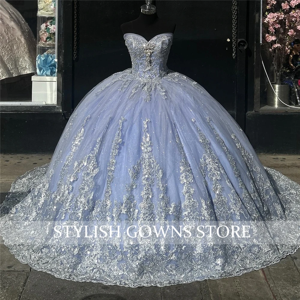 Mexico Sky Blue Sweetheart Ball Gown Quinceanera Dress For Girls Ball Beaded Appliques Birthday Party Gowns Customized