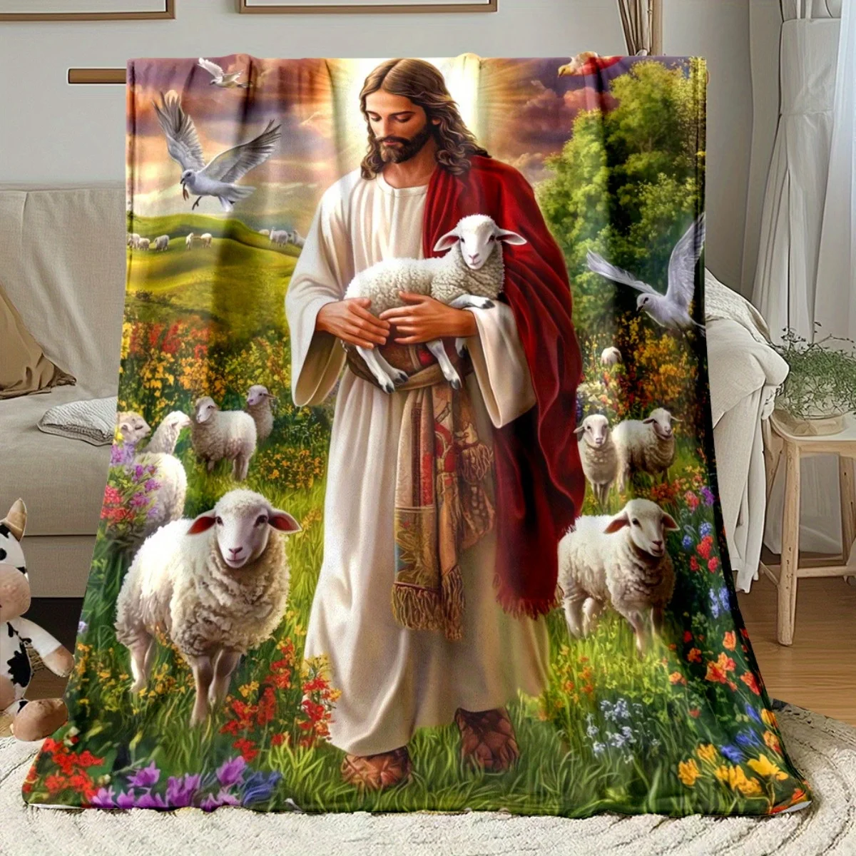 Divine Jesus Shepherd Lamb Blanket Throw Christian Gospel Religious Fleece Comforter Gift Home Decor Cozy Scripture Bible Theme