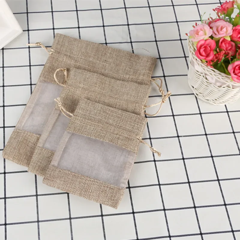 

50pcs Linen bag side open window sack bag net gauze cosmetic bag stitching sackcloth bunch mouth net gauze bag