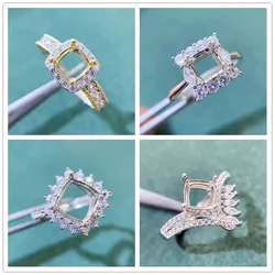 MeiBaPJ 2Colors 5mm*5mm Square Stone 925 Sterling Silver Fashion Ring Holder DIY Empty Support for Women Fine Charm Jewelry