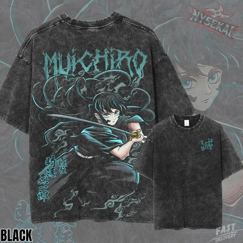 The Mist Hashira Muichiro Tokito Heavyweight Vintage Wash Graphic Tee Sommer Unisex Lockeres und atmungsaktives Baumwoll-T-Shirt-Oberteil