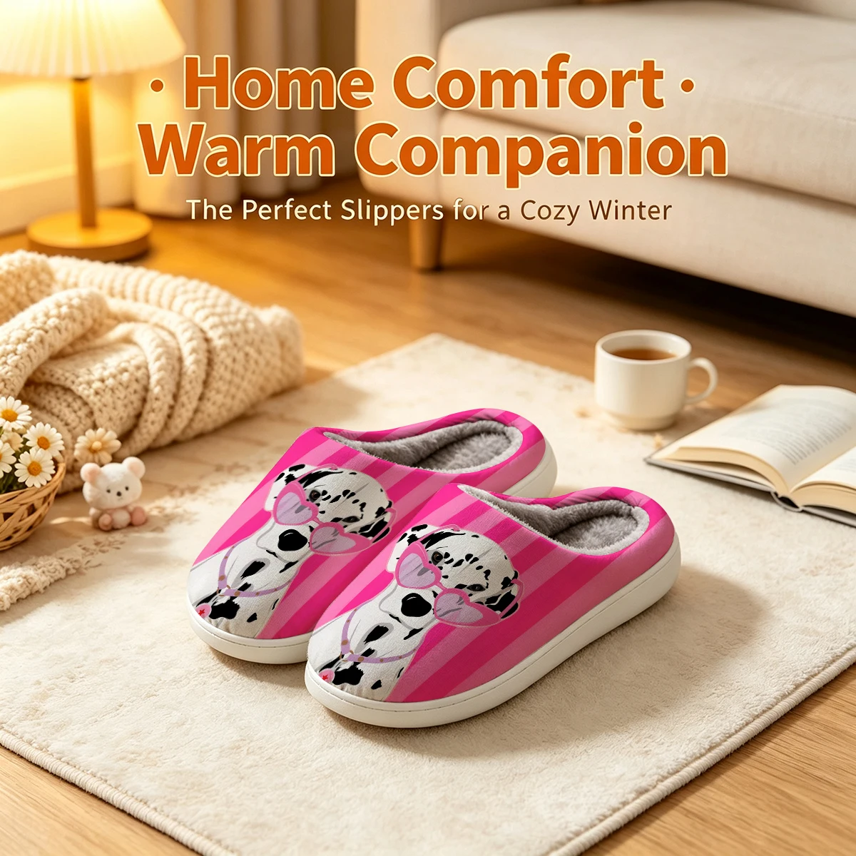 Pink Stripe Dalmatian Christmas White Slippers Warm Plush Indoor Shoes Non-Slip Winter Slippers Family Holiday Gifts Soft view 3