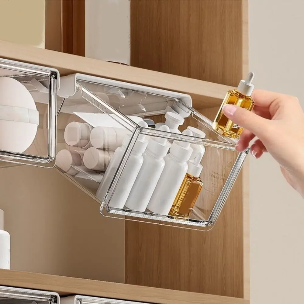 Plastic Drawer Style Storage Box Self Adhesive Large Capacity Makeup Storage Container Transparent Space Saving
