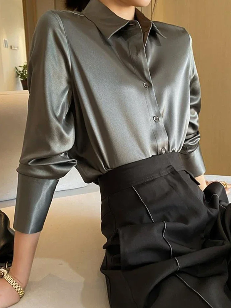 Champagne Women\'s Elegant Blouse Fashion Loose Satin Office Lady Shirts Turn-down Collar 2024 Autumn New Long Sleeve Top Blouses