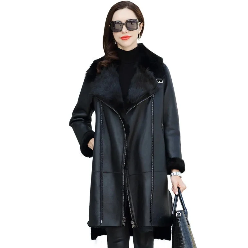 Czarna kurtka ze skóry PU damska 6XL Jesień Zima Nowa moda Casual Slim Lapel Coat Ciepłe grube kobiece długie kurtki ze sztucznej skóry
