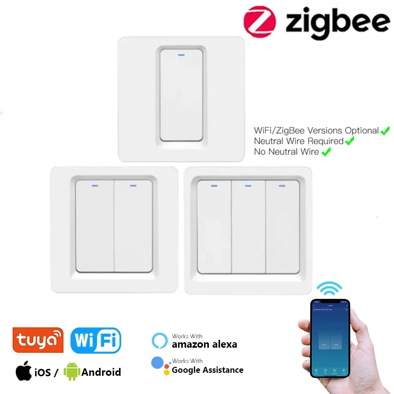 Tuya WiFi ZigBee Smart Push Button Switch No Neutral Required SmartLife Tuya APP Alexa Google Home Voice Control 2/3 Way EU UK