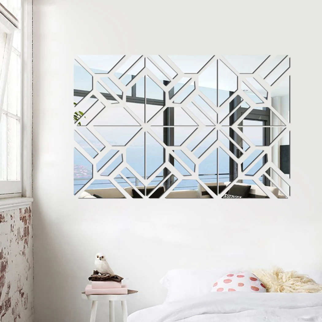 4Pcs 3D Mirror Wall Stickers with Mosaic Layout for Bedroom Living Room Interior Design and Spatial Perception Boost
