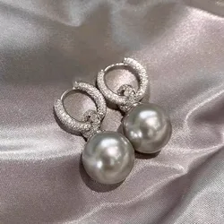 New Design Elegant Grey Pearl Clasp Hoop Earrings for Women High Quality Real Grey White Sterling Silver Needle Earrring