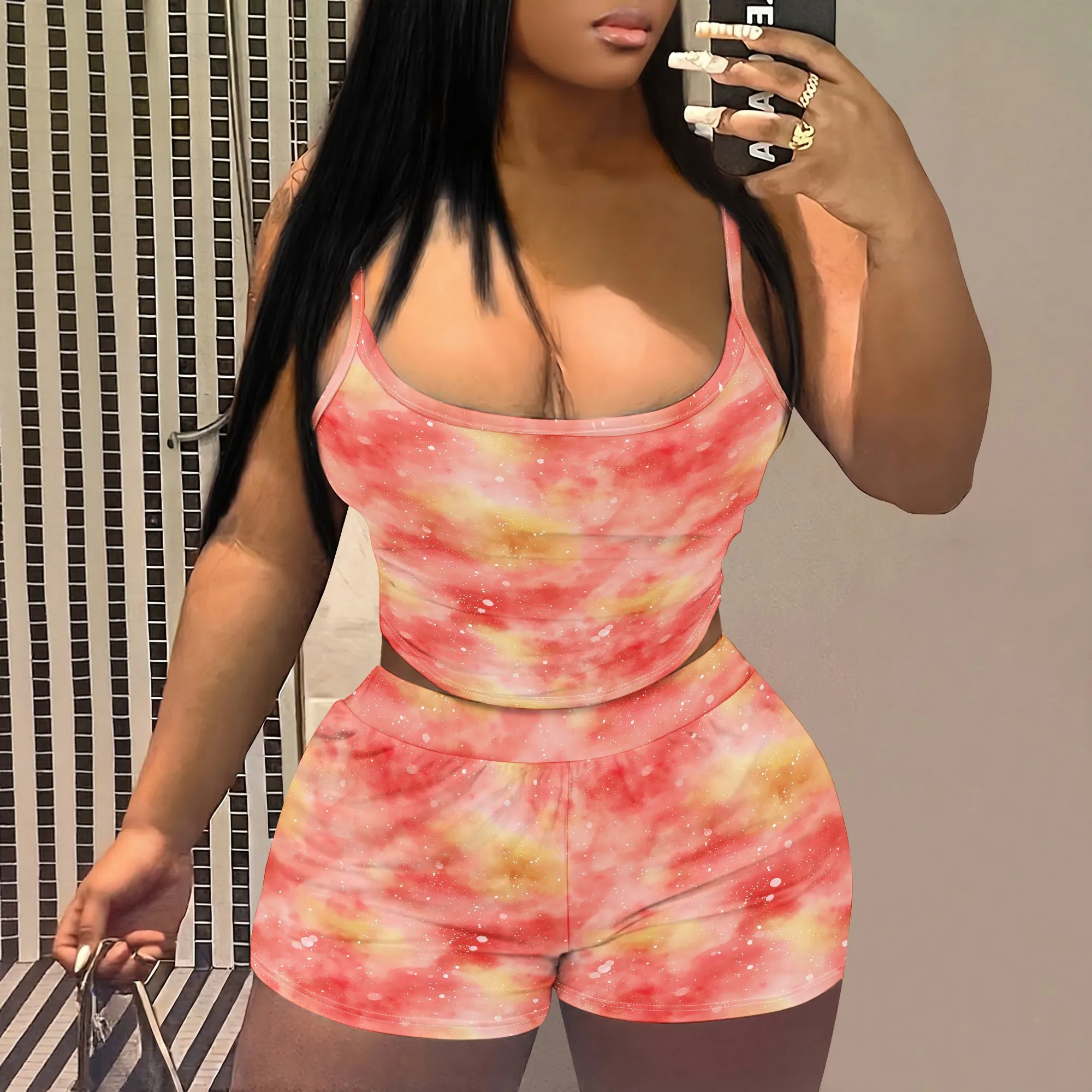 Tie Dye Print Camisole Top, Pink Yellow Gradient Tank Top, Matching Shorts Set, Summer Casual Outfit, S-2XL