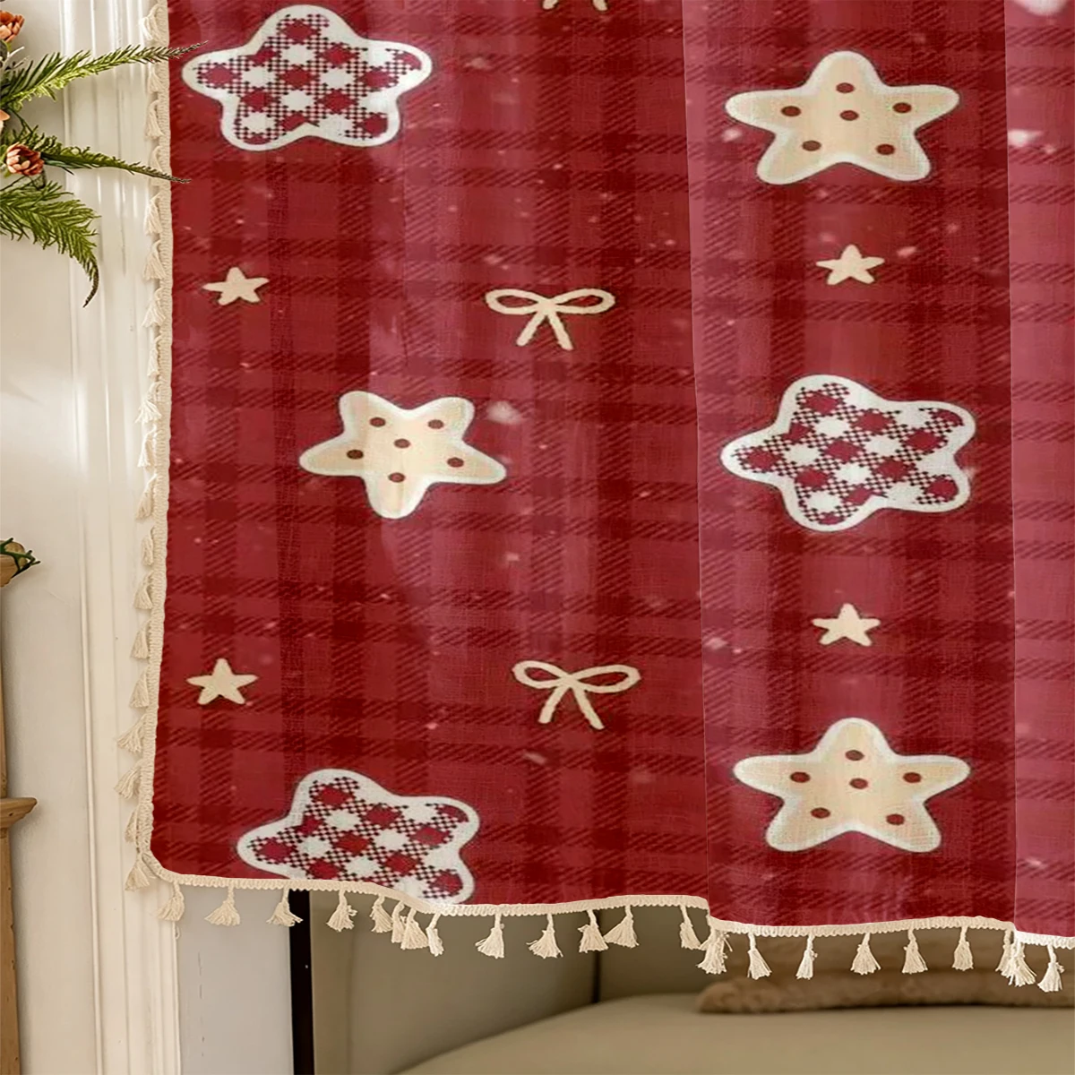 1PC Christmas Tassel Sheer Curtains, Star Cookie Red Gingham Bow, Digital Print, Polyester, Bedroom Living Room Decor Rod Pocket