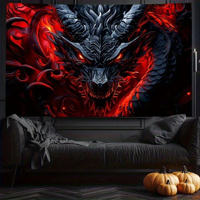 VIKAMA Halloween Gothic Wall Tapestry Black Red Flame Dark Dragon Lava Eastern Divine Avatar Hanging Cloth Party Decoration