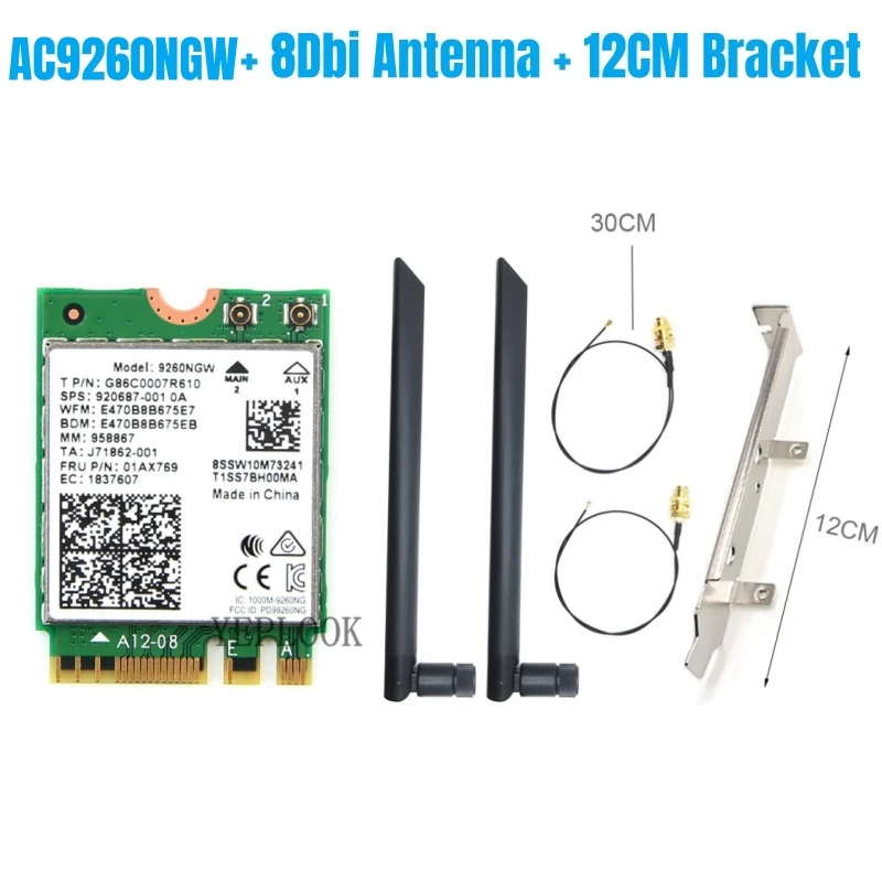 

AC9260NGW WiFi 5 WiFi Card 1730Mbps 1.73Gbps Network Card Dual Band 2.4G/5GHz NGFF M.2 Bluetooth 5.0, with Antenna & Bracket Kit