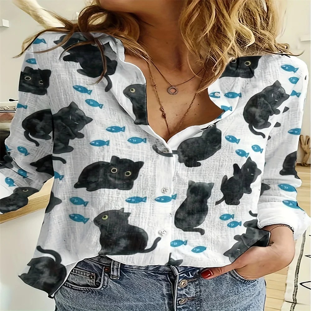 The Perfect Choice For Women's Colorful Cat Themed Long Sleeved Shirt With Button Design For Spring And Autumn Casual Wear