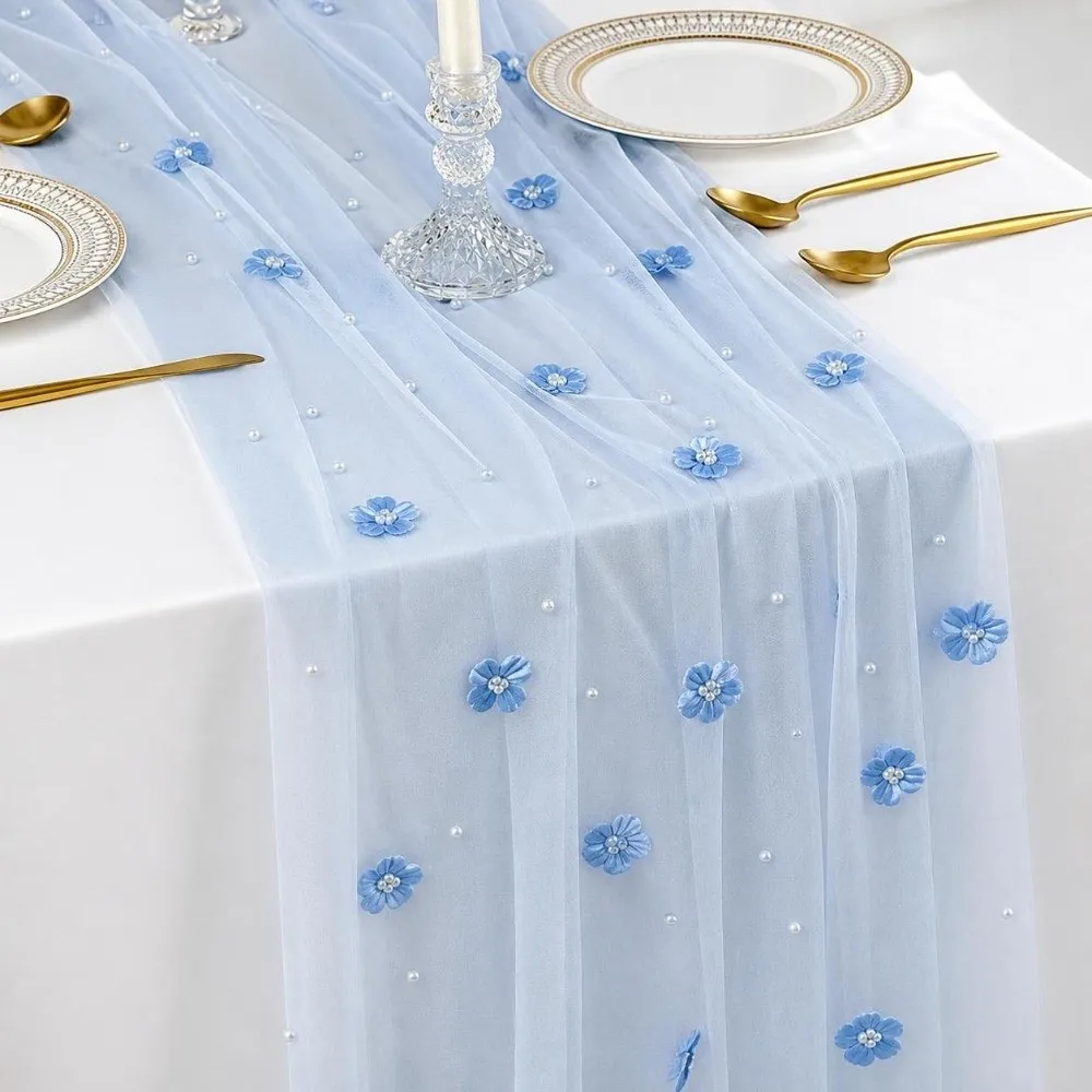 75*300CM Tulle Table Runner Polyester Romantic Lace Table Runner Elegant Semi-Transparent Floral Table Runner