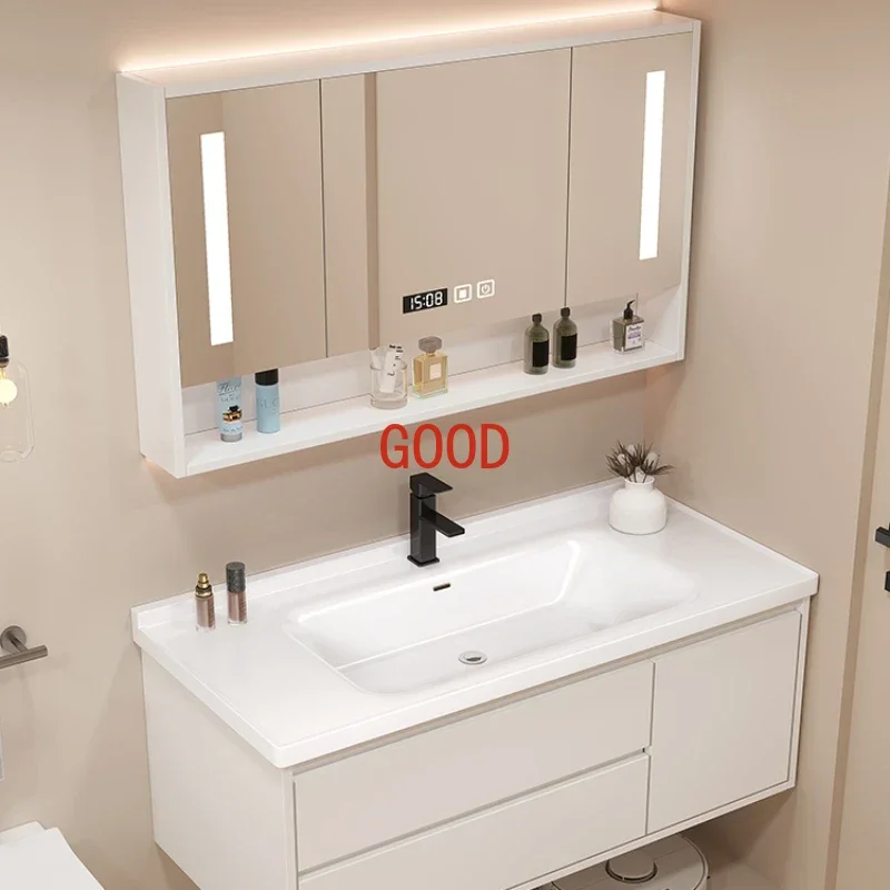 Cream Wind Intelligent Ceramic Integrated Basin Bathroom Cabinet Combination Hand Washing Sink Bathroom Cabinet Washbasin