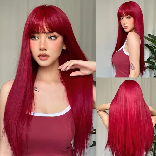 Pelucas sintéticas de color rojo vino claro con flequillo para mujer, peluca de pelo largo y liso, fiesta de Cosplay Natural resistente al calor
