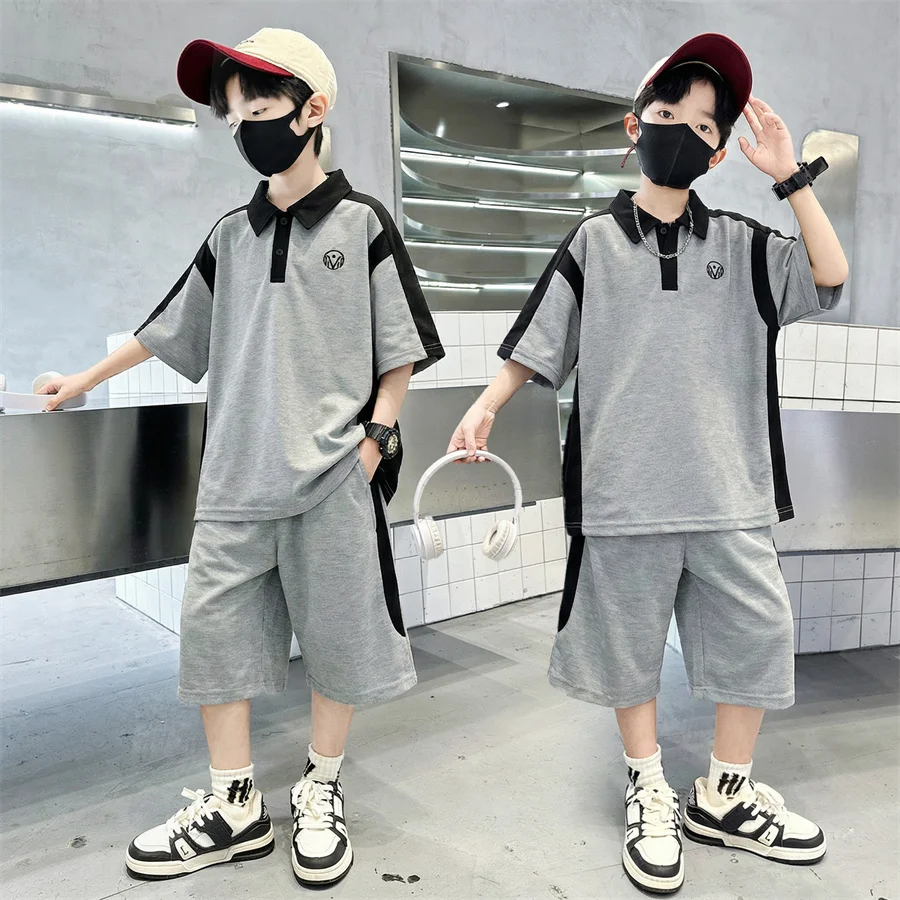 

Elegant Children Summer Clothes Set for Teen Boy Cotton Polo Shirt Shorts Two Pieces Outfit Suit Kids Clothing 5 7 9 11 13 14 Y
