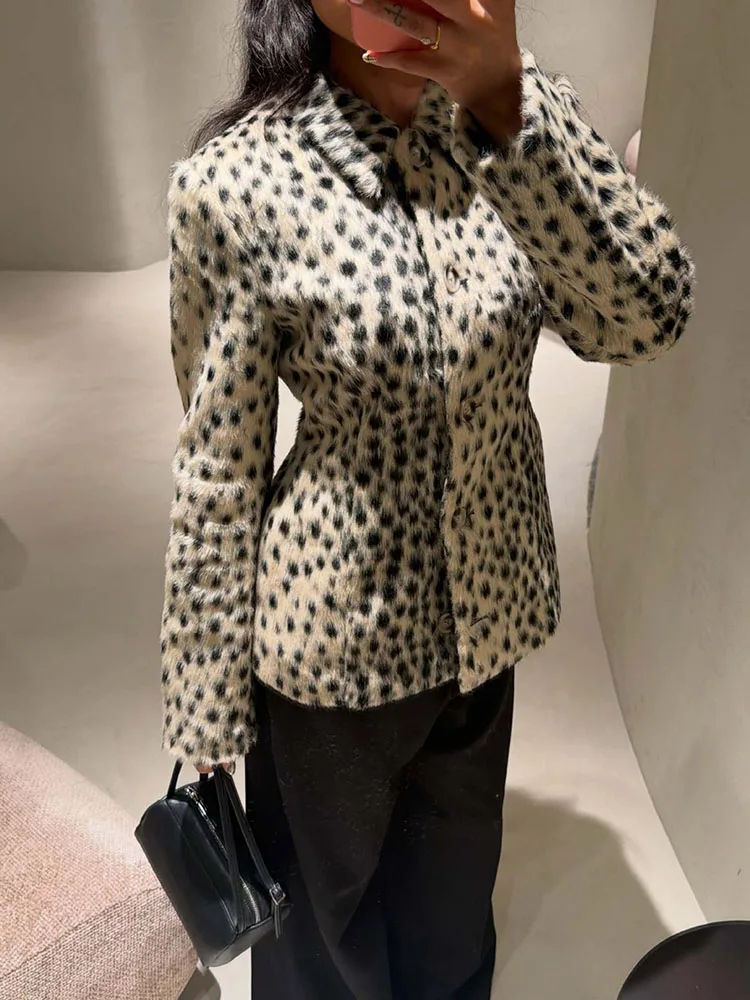 Women's Leopard Print Faux Fur Coat American Fashion Single Breasted Lapel Plush Outerwear Casual Temperament Lady Slim Jackets