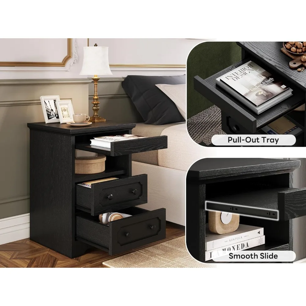 منضدة معاصرة ذات درجين مع رف مفتوح وصينية قابلة للسحب، وطاولة بجانب السرير خشبية سوداء