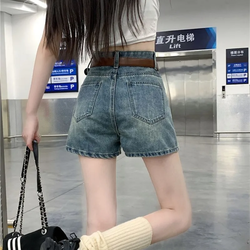 2024 Vintage Old-fashioned Shorts Women's Jeans European and American-style Fashionable Slim-fit Loose High Waist Trendy Pants