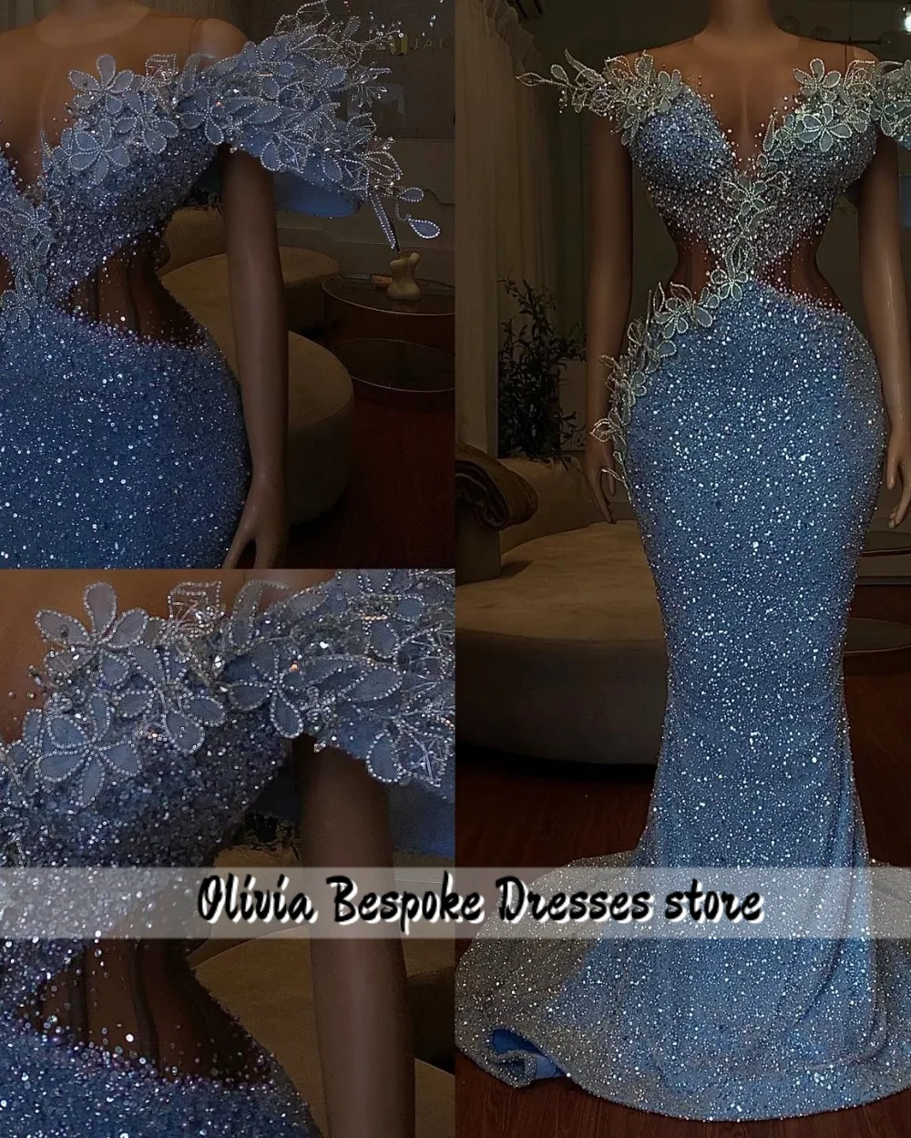 Luxe glanzend blauw uit de schouder avondjurk zeemeermin Aso Ebi Afrikaanse kralen feestjurk luxe jurk vrouw 2025, aangepast