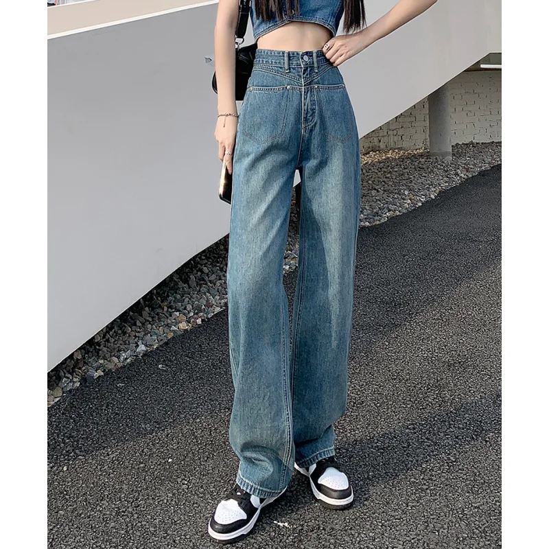 Blue Jeans Women American Wide Leg Pants Loose Fashion High Waisted Street Temperament Vintage Female Bottoms Summer Trousers