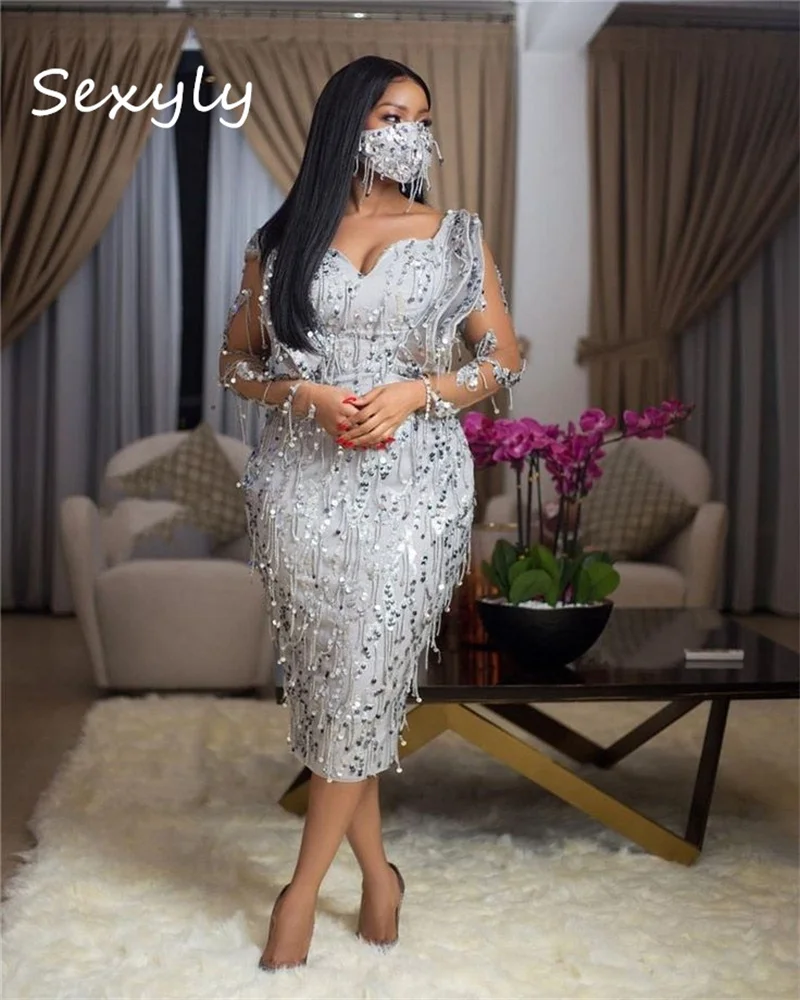 Silver Aso Ebi Prom Dress For Black Girls Mermaid Long Sleeve Mid Evening Elegant Sequin Formal Cocktail Party Dress Customized