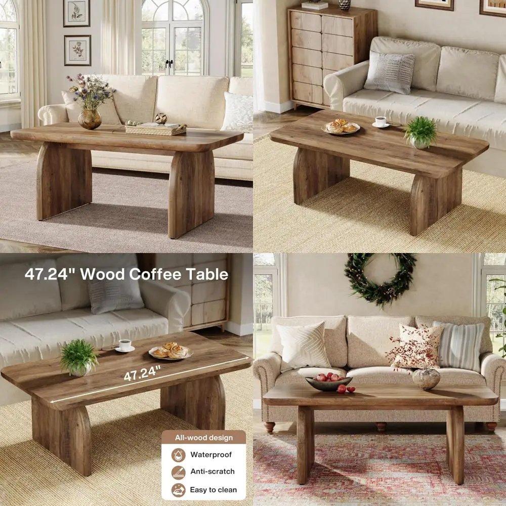 

Rectangular Wood Coffee Table, 47-Inch Farmhouse Style Living Room Centerpiece, Low Cocktail Tea Table for Casual Gatherings