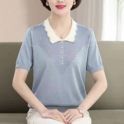 New Spring and Summer Women's Splicing Contrast Color Lapel Short Sleeve Loose Knitted Pullovers Hollow Out Beading Fashion Tops