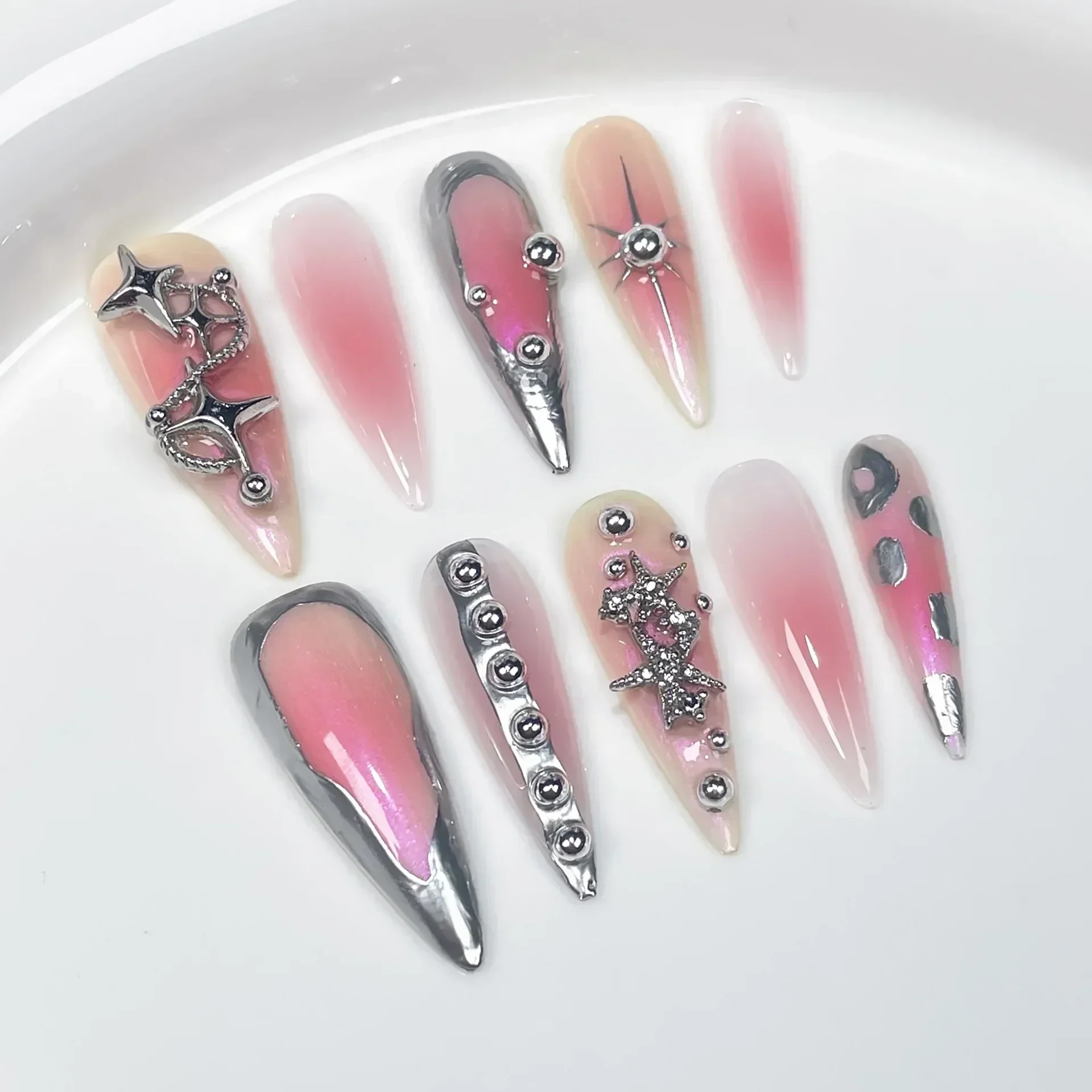 10pc Detachable Long Stilette Pink False Nails Metal Relief Design Fake Nail Y2k Hot Girl Full Cover Acyrlic Press On Nails Tip