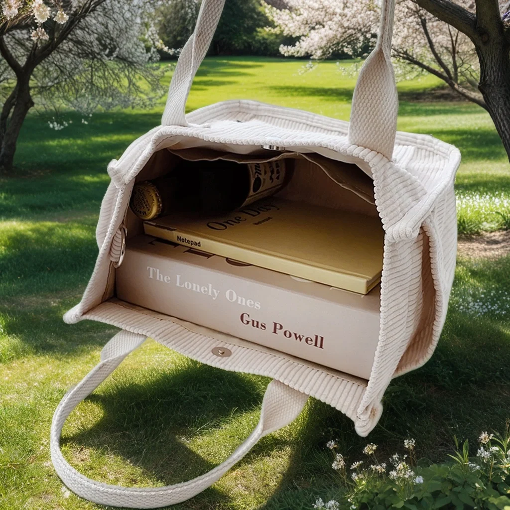 Sac fourre-tout en velours côtelé pour femme avec fermeture éclair, sac initié de grande capacité, poche intérieure, sac à main de voyage