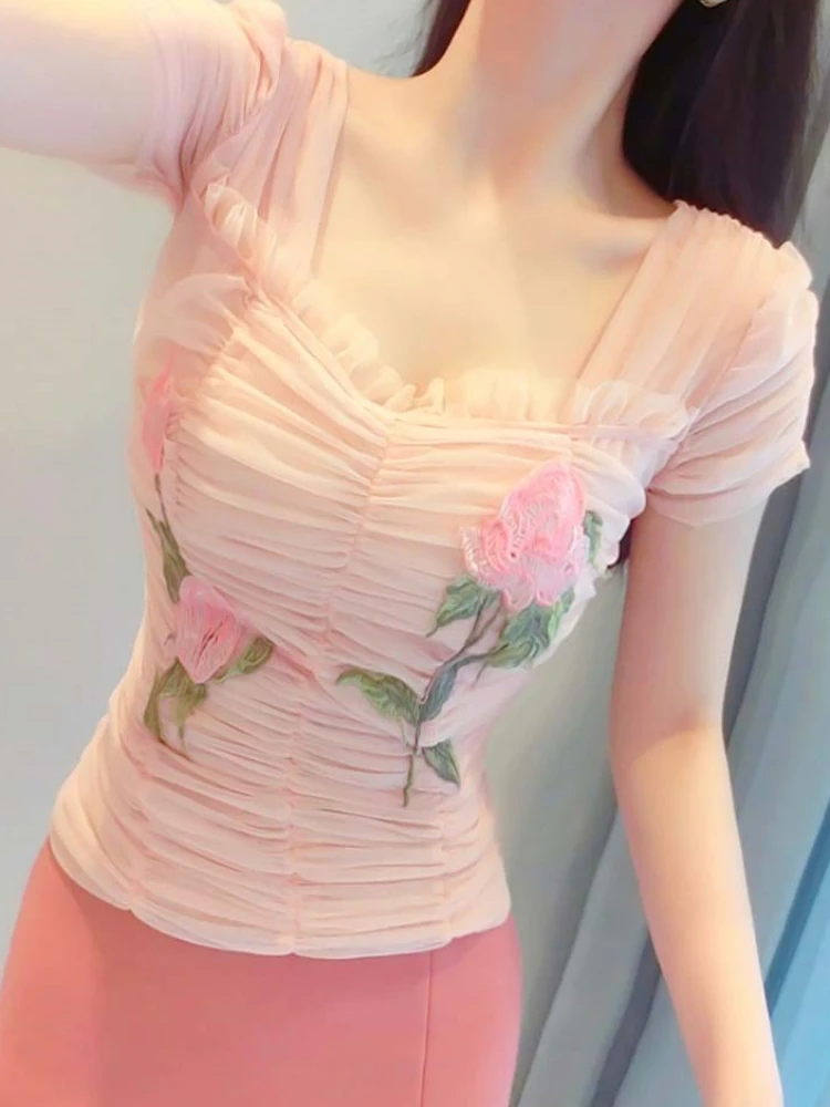 

Soft Pink Flowy Floral Blouse for Women Sexy Sheer Mesh Bodycon Shirt with Ruffles & Embroidered Flowers Slim Fit Summer Tops