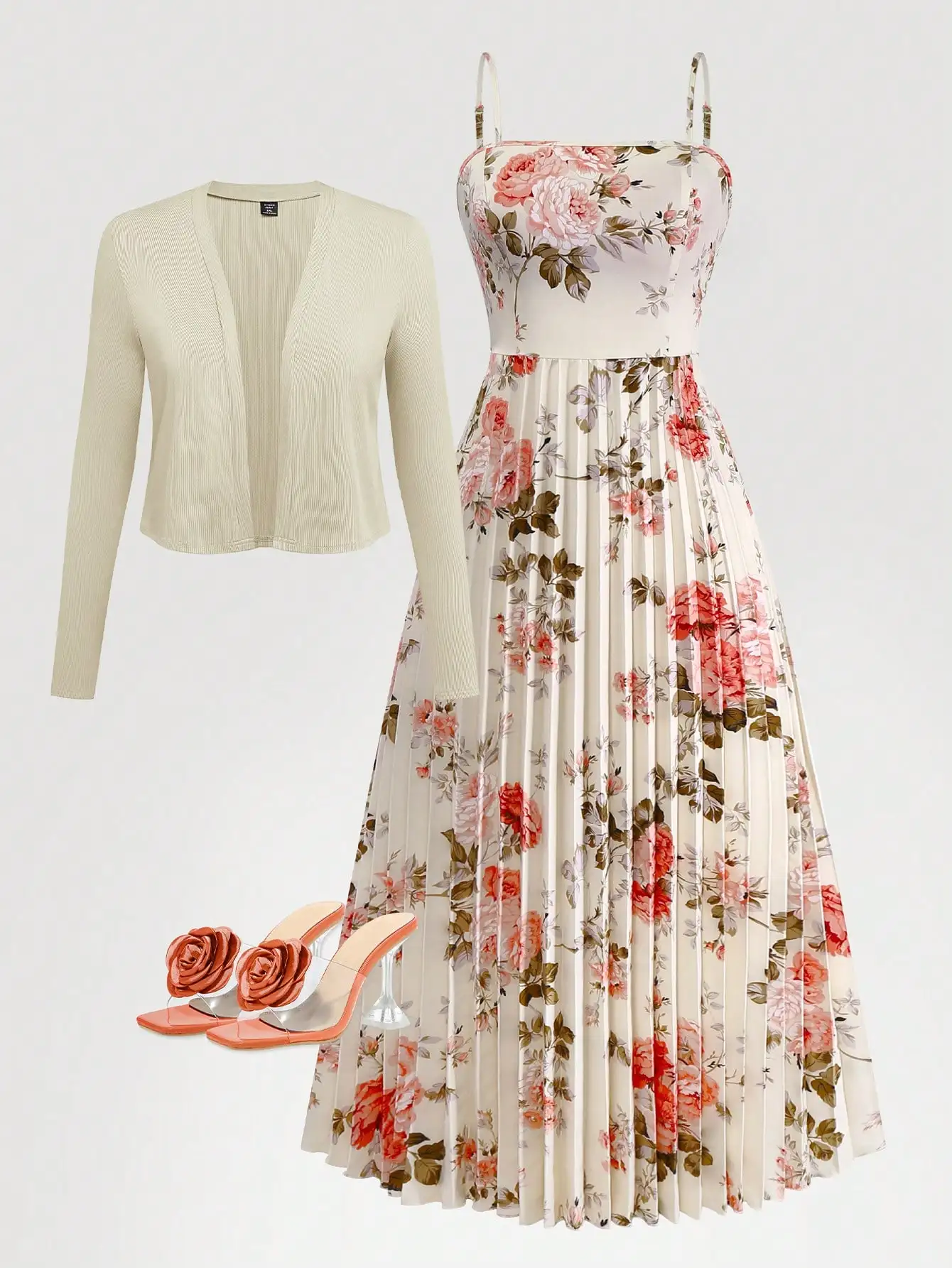 Elegantes, geblümtes, plissiertes Midikleid mit Strickjacke für Dates, Valentinstag und Freizeitaktivitäten.