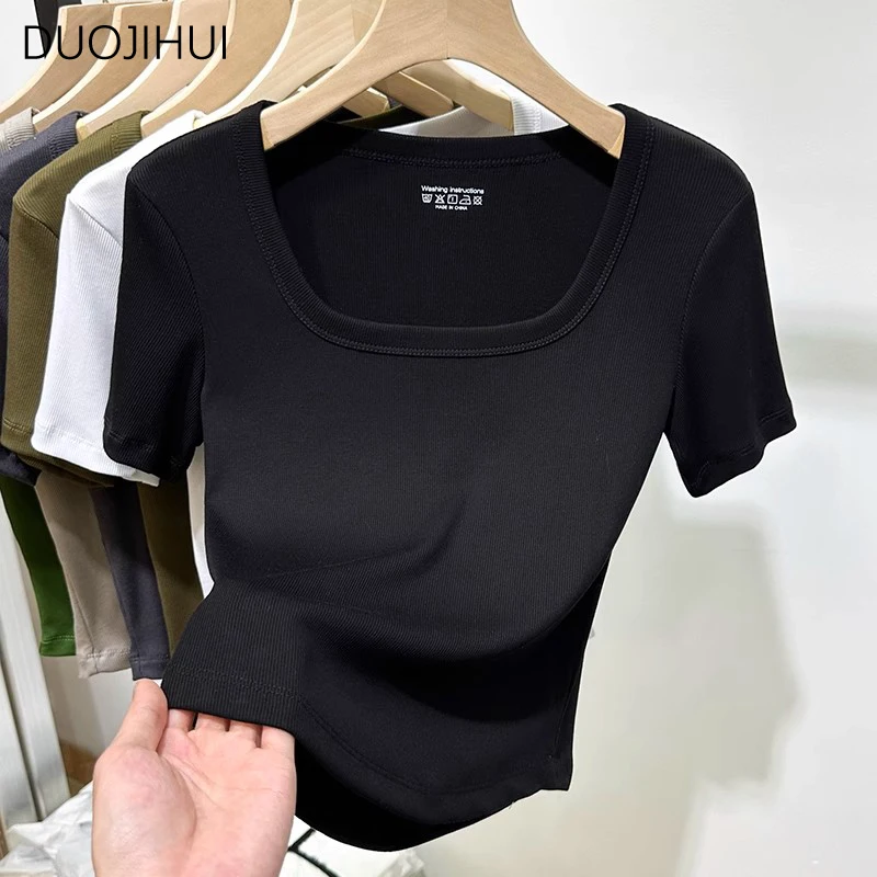 DUOJIHUI Green Sweet Square Neck Slim Waist Female T-shirts Summer Basic Solid Color Fashion Office Ladies Casual Women T-shirts