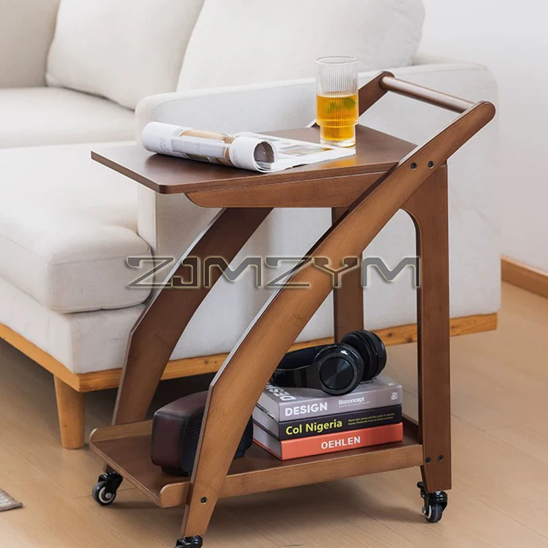 

Mobile Bedside Table Storage Rack 2-Tier Coffee Table Sofa Bookcase Floor-Standing Bamboo Rolling Utility Cart