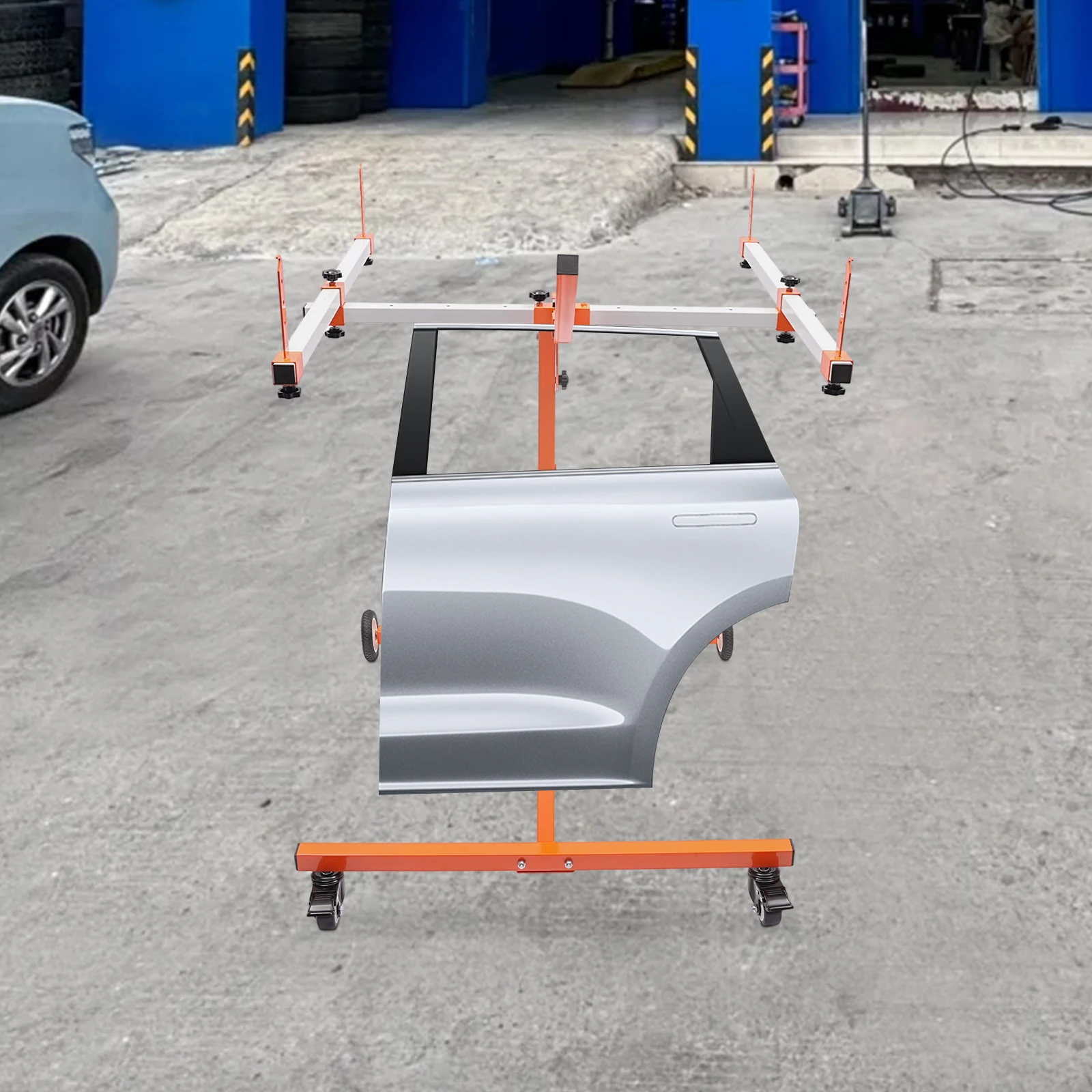 

Heavy-Duty Steel Auto Paint Stand 180° Rotatable 4-Wheel Mobile with Brakes Stable Triangular Base for Car Hood Fender