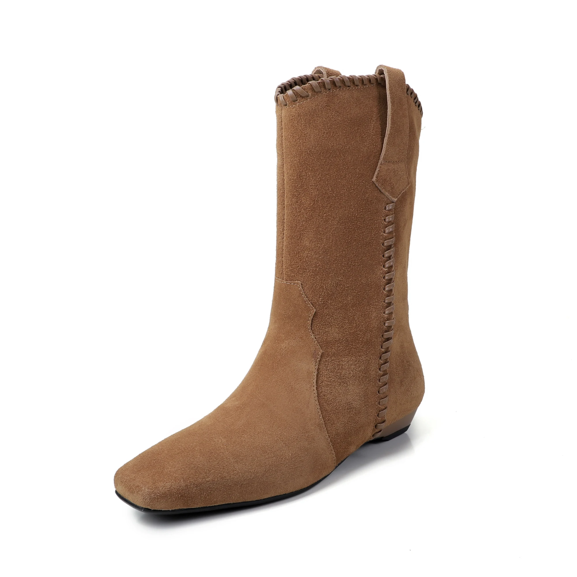 Handmade Genuine Leather Cowhide Suede Ankle Boots,Square Toe Women Shoes Slip-on Western Boots,Fashion Modern Booties