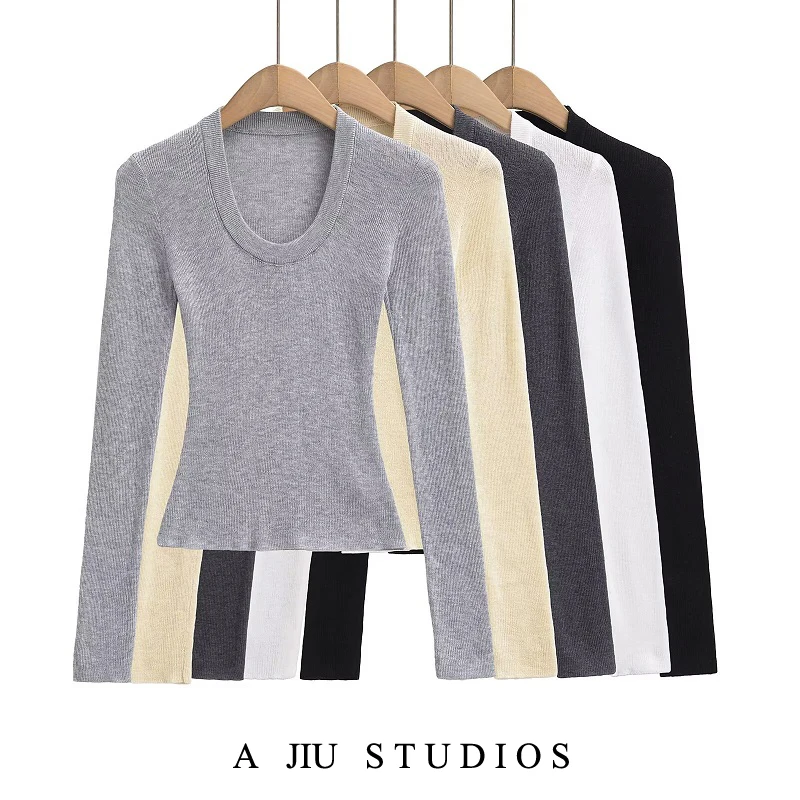 قميص American Sle U-Ne Knitwear للسيدات ذو اللون الأساسي للتخسيس ort Sve Street Sle Spring Vintage Top